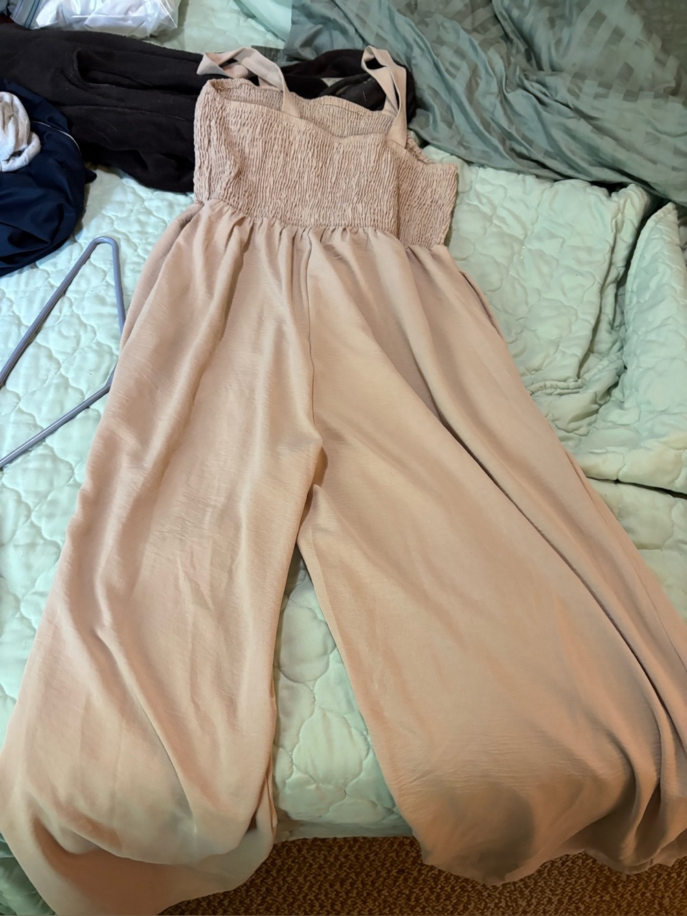 Wide-Leg Smocked Jumpsuit in Beige